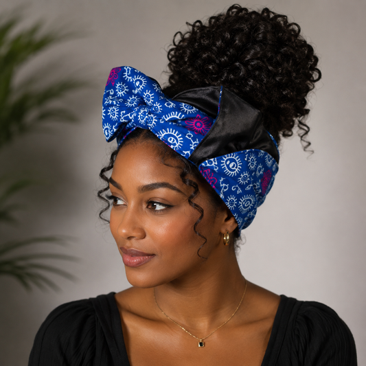 Bandeau Signature Bleu Impérial – Réversible Wax & Satin